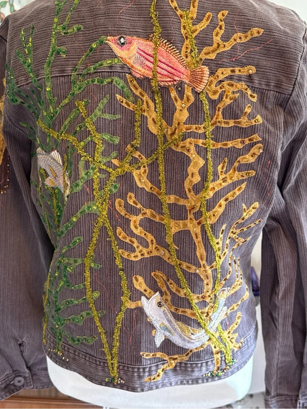 St. John's Bay Brown  Jacket with Embroidered Fish vintage embellished pretty - Picture 7 of 12